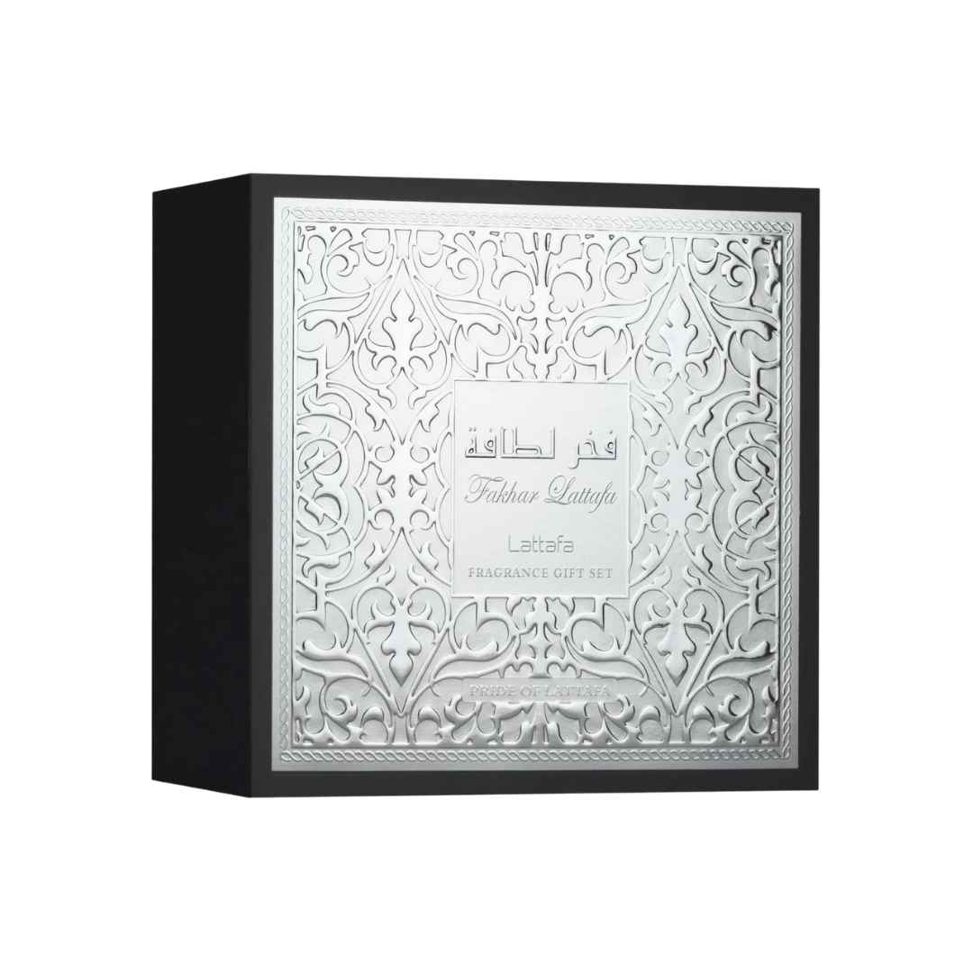 Kit Fakhar Lattafa Black EDP 100ml + Hidratante + Perfume de Bolso