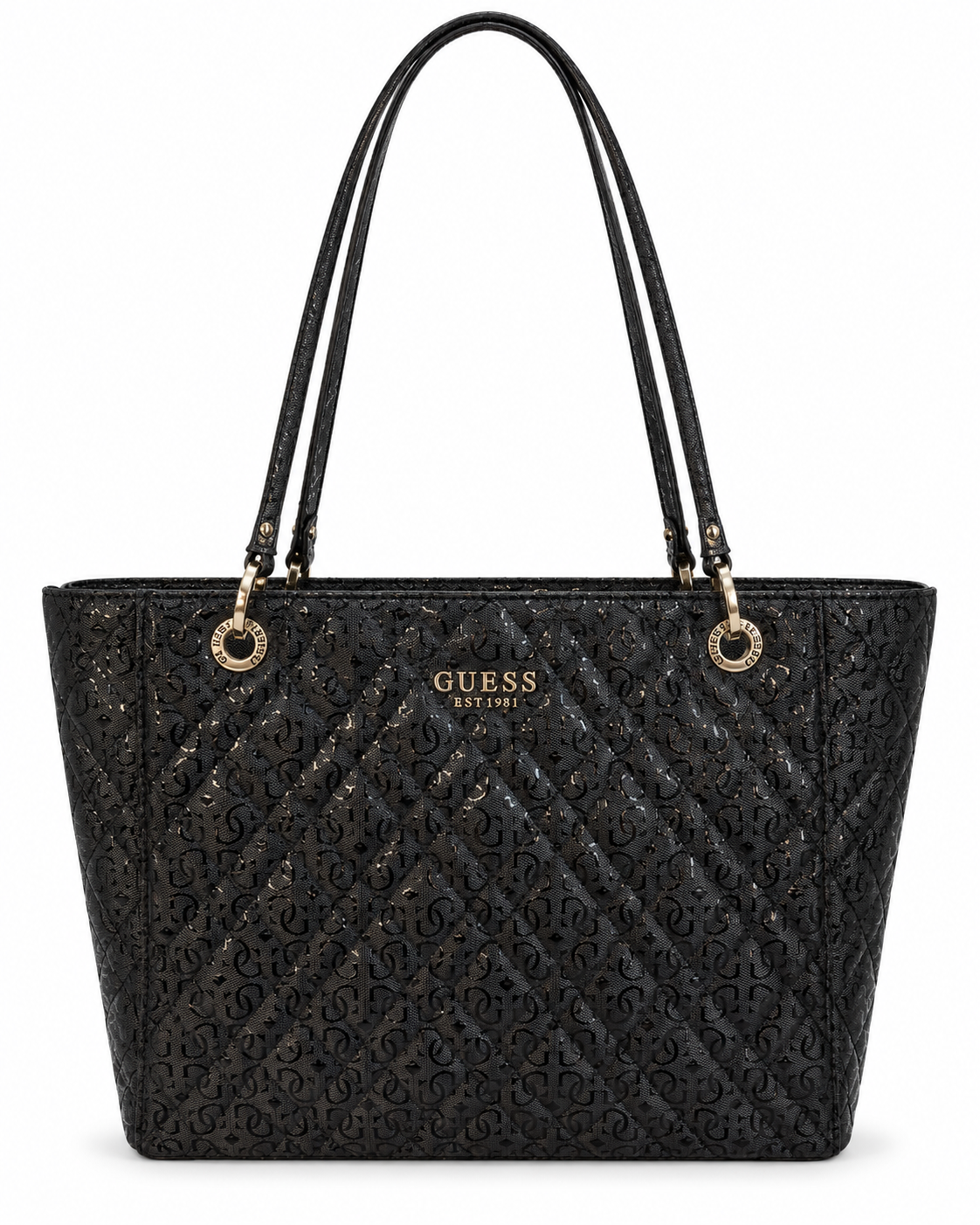 Bolsa Guess Tote Preta com Monograma e Ferragens Douradas